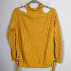 JODIFL | Mustard Yellow Cold Shoulder Turtleneck Sweater Lace Up Women’s Size L